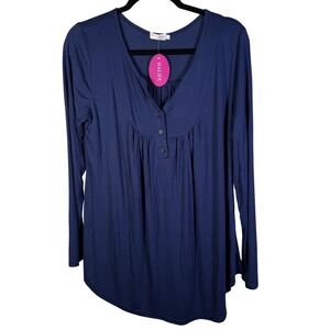 NWT Halife Womens Navy Blue Long Sleeve Henley Pleated Tunic Top Size L
